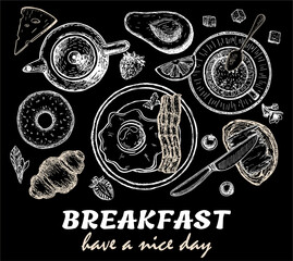 Breakfast top view frame. Morning food menu design. Breakfast dishes collection. Vintage hand drawn sketch, vector illustration. Menu or signboard template for bakery and cafe. Black background.