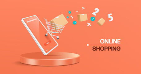Number of orders and parcels floated from the shopping cart on the white smartphone screen and all floating above the round podium,vector 3d isolated on pastel orange background for online shopping