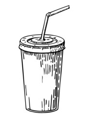 Vector sketch plastic, paper disposable soft cold drink cup with lid and straw. Isolated illustration on a white background. Cola, soda juice water, beverage cup. Hand drawn