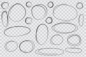 Hand drawn circle and oval outline set on transparent background. Pencil lines can be used in many forms of work.