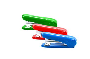 side view of blue and red and green stapler on a white background ,stationery for office and back to school concept,