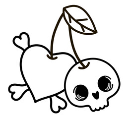 Sweet cherry skull and heart. Sketch of a tattoo. Halloween flat design. Cute Valentines day illustration. Cartoon vector illustration