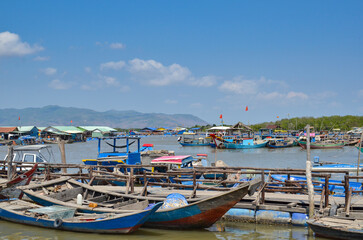 Fototapeta na wymiar Float fishing village in Long Son commune, Ba Ria Vung Tau province Vietnam