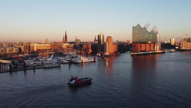 Sunset over Hamburg harbour - aerial view