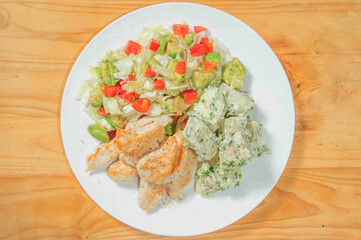 Stewed chiken with boiled potato on the plate.