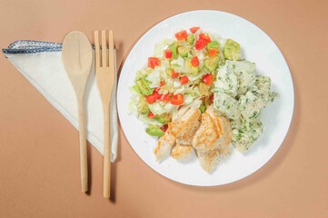 Stewed chiken with boiled potato on the plate.