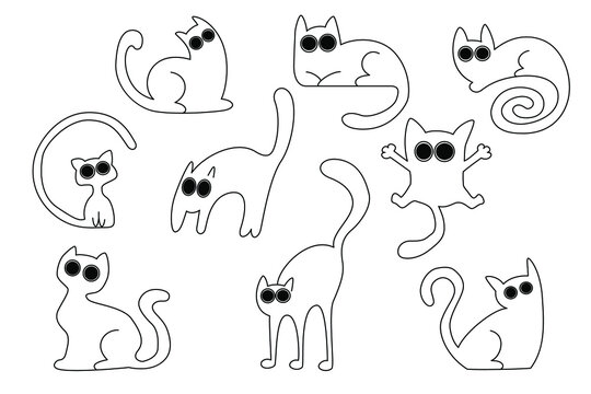 Black cats set, vector illustration, big eyes, sticker, logo, flat line 