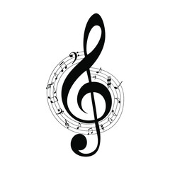 Treble clef and notes ,black sign on white background,vector illustration