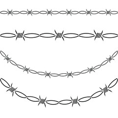 Barbed wire set, straight and curved arc, vector illustration, flat silhouette 