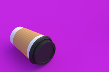 Disposable paper coffee cup with black lid and sleeve. Copy space. 3d render