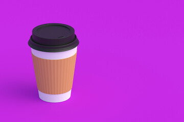 Disposable paper coffee cup with black lid and sleeve. Copy space. 3d render