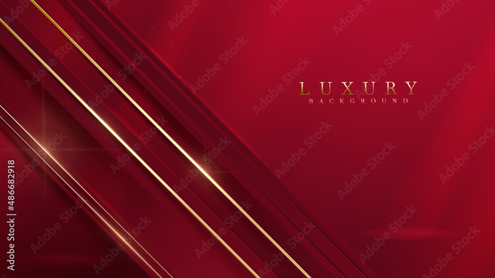 Wall mural Red luxury background with gold line decoration and glitter light effect.