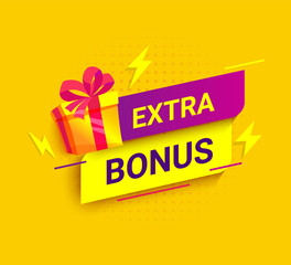 Extra bonus bright banner with gift.Surprise poster with prize to winner for social media posts,web,flyers. Discount promotion template. Offer reward in contest. Vector illustration.