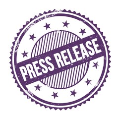 PRESS RELEASE text written on purple indigo grungy round stamp.