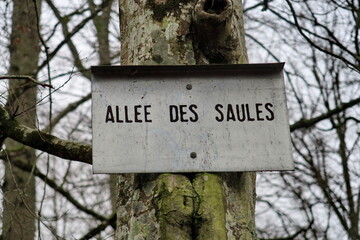 Allée des Saules. Pancarte de nom d'allée dans un bois.