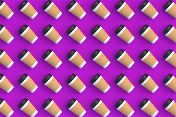 Rows of disposable paper coffee cups with black lid and sleeve. Top view. 3d render