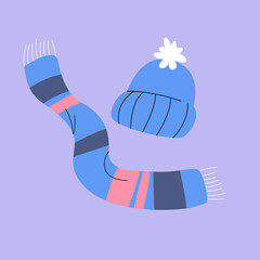 Isolated illustration of a hat with a pompom and a warm scarf. A simple minimalistic illustration in a flat style.