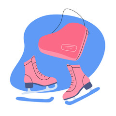 Isolated illustration of a skate bag and skates with covers. Everything for the girl's training at the rink. Or for sports competitions. A simple minimalistic illustration in a flat style.