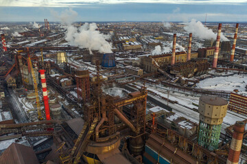 Мetallurgical plant Severstal. Environmental problems of industry/ Bird's eye view. March 2021