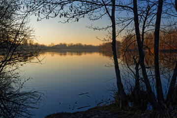 Winter sunset on Grand parc Miribel-Jonage, a park of 2200 hectares on the outskirts of Lyon, created to help control the flooding of the Rhône.