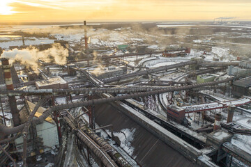 Мetallurgical plant Severstal. Environmental problems of industry/ Bird's eye view. March 2021