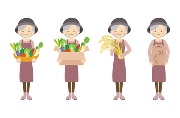 農作物を持つ女性農家　セット