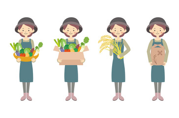 農作物を持つ女性農家　セット