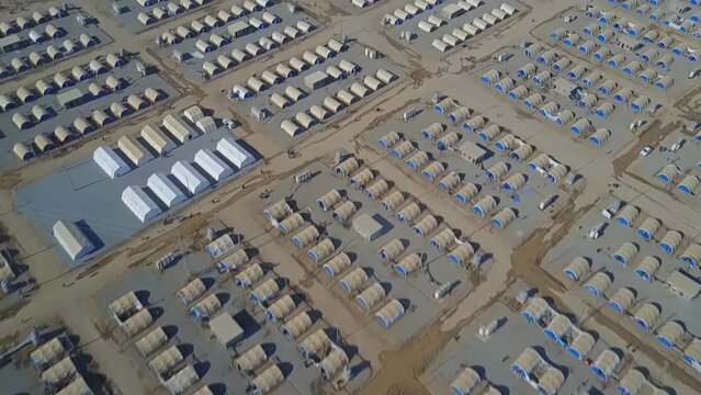 Aerial view of a refugee camp in Iraq. The camp is located in northern Iraq