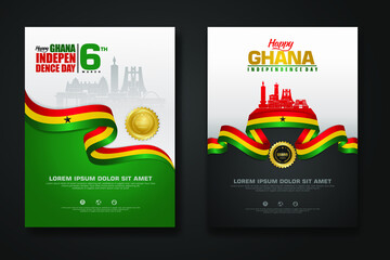 Set poster design Republic Ghana happy independence Day background template - obrazy, fototapety, plakaty