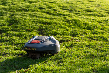 autonomiczna kosiarka jeżdżąca po trawniku, zielony trawnik