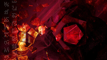 Abstract red fractal art background with overlaid graphical elements, perhaps suggestive of futuristic technology.