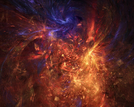 Abstract fractal art background, perhaps suggestive of a chaotic fiery deep space explosion with swirling debris.