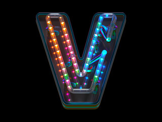Blink led font. Colorful light. Letter V