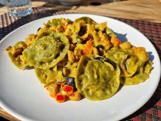 Vegan ravioli stuffed with olives