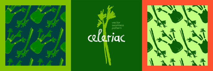 Vector celeriac wallpaper. Hand drawn seamless pattern with celery illustrations. Vegetarian restaurant banner template. Green ornament. Vegetable drawings for organic food label, vegan packaging.