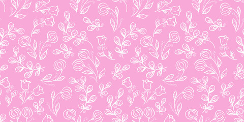 Fototapeta na wymiar Spring Seamless Pattern. Floral elements in doodle style. Pink background. Provence tropical White leaves. Tulip and dandelion Flowers. Wedding Patterns with leaf