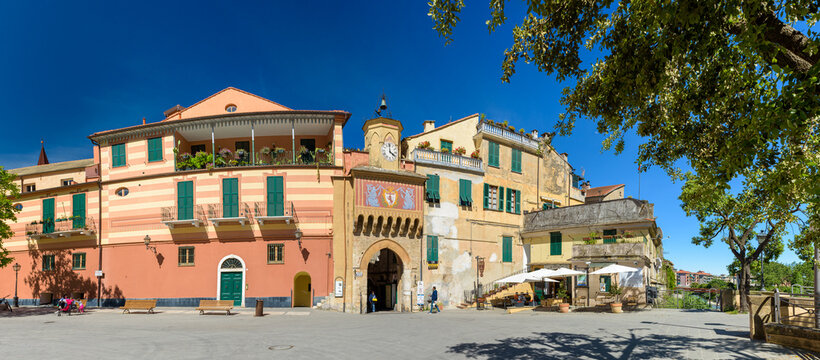 Finalborgo, Finale Ligure, Italy. May 5, 2021. Panoramic view of the facade of the ancient Porta Testa.
