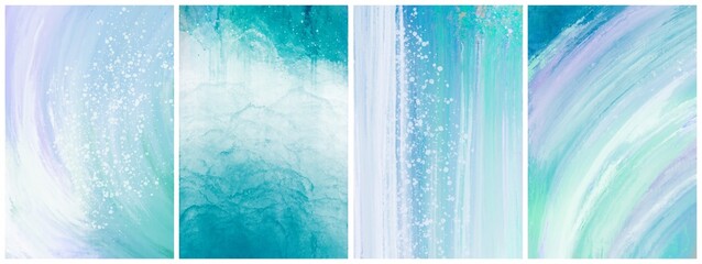 set of abstract backgrounds for design, collection of minimalistic fluid arts for interior decoration, cover design templates with space for text, bundle of trendy interior posters in turquoise color