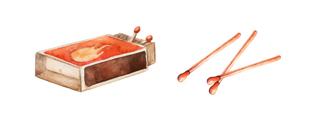 Watercolor Open Box of Matches with three matches Isolated on White Background.