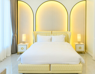 modern style interior design of double bed  in bedroom with back light on wall.