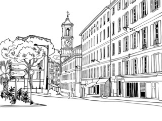Old street in hand drawn sketch style. Nice, Provence, France. Vector illustration. Line Art. Nice European city. Black and white urban landscape on white background. Without people. - 486690389