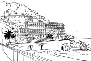 Beautiful Promenade in Nice in hand drawn sketch style. Nice, Provence, France. Vector illustration. Line Art. Nice European city. Black and white urban landscape on white background. Without people.