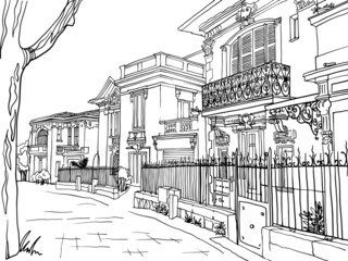Beautiful Old street in hand drawn sketch style. Nice, Provence, France. Vector illustration. Line Art. Nice European city. Black and white urban landscape on white background. Without people.