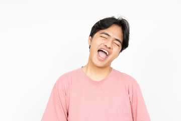 Headshot photo of Asian man with laugh face. on white background.