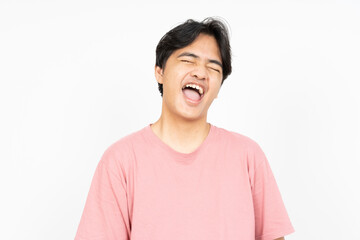 Headshot photo of Asian man with laugh face. on white background.