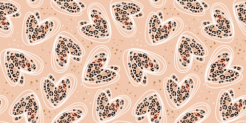 Heart signs seamless pattern and stylized leopard pattern inside the heart. Pink concept background Love, beauty, fashion. One continuous line drawing and spots of animal skin. © Liubov
