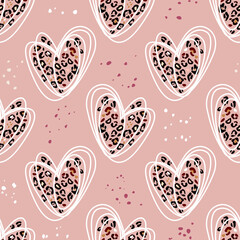 Heart signs seamless pattern and stylized leopard pattern inside the heart. Pink concept background Love, beauty, fashion. One continuous line drawing and spots of animal skin.