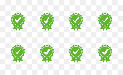 Checkmark icon set. Green approved star sticker collection. Vector illustration
