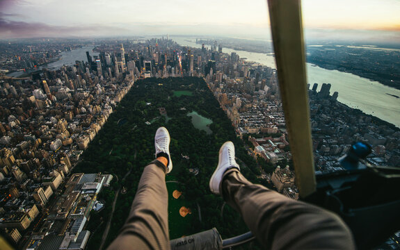 New york and Manhattan view from the helicopter. Tour on an Open doors off helicopter