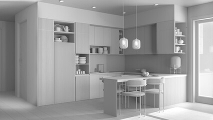Total white project draft, cozy kitchen and dining room in modern apartment, table with chairs. Cabinets and shelves with potteries, pans and appliances. Parquet, interior design idea
